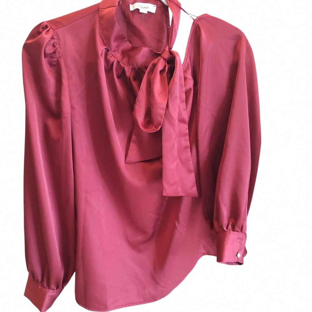 NEW LLOVE women's tie neck bow blouse in merlot red